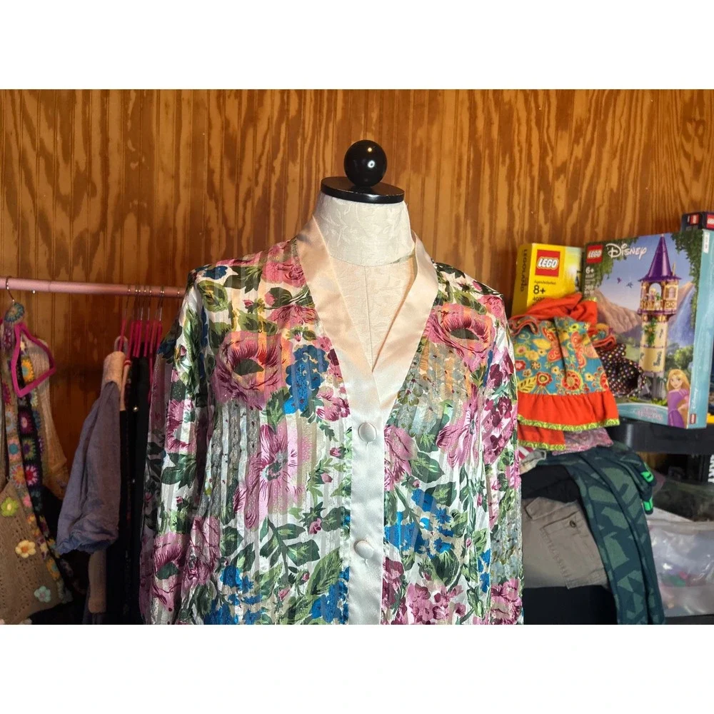 Victorias Secret VTG Gold Label Floral Metallic Stripe Sleep Shirt‎ Top Sz L